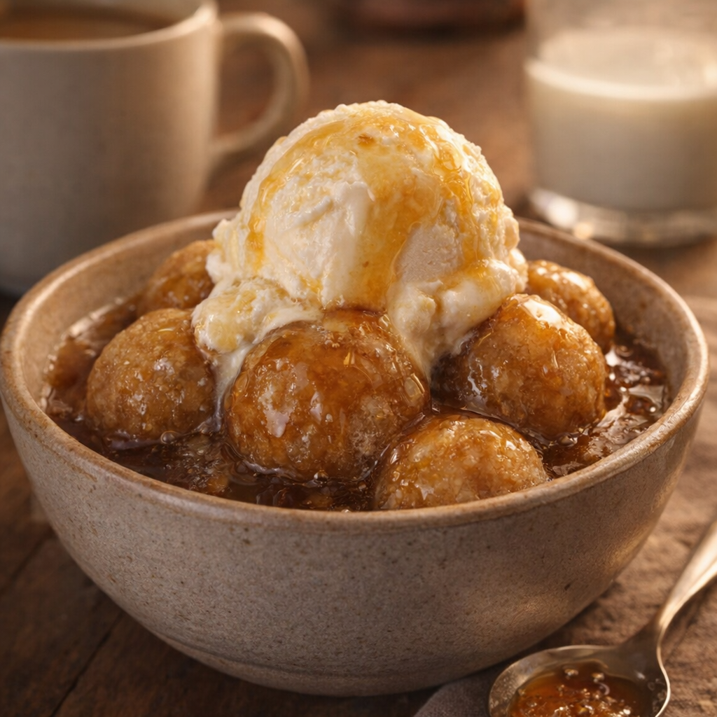 Served shoofly dough ball dessert with ice cream