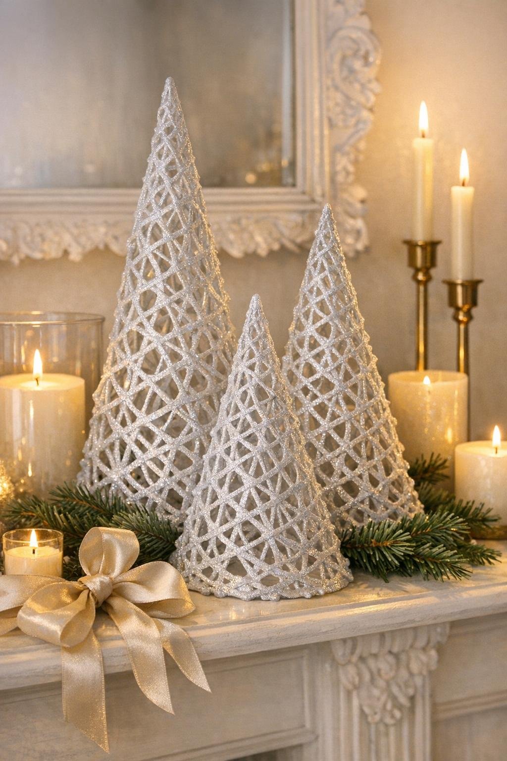 Finished Christmas trees made from hot glue lattice displayed on a holiday mantel