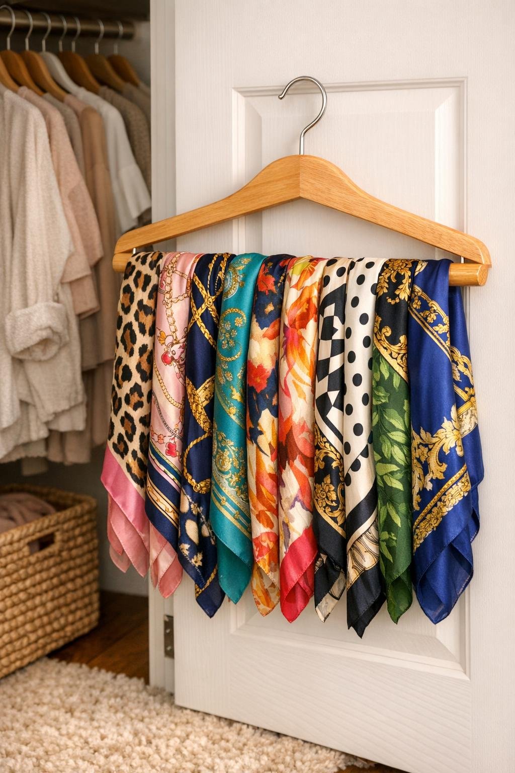 Finished silk scarf organizer on a wooden pants hanger inside a closet door