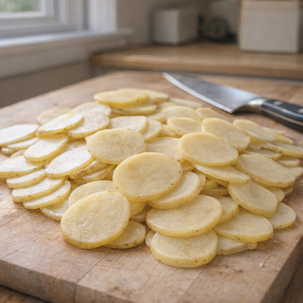 Thinly sliced potatoes on a cutting board during prep