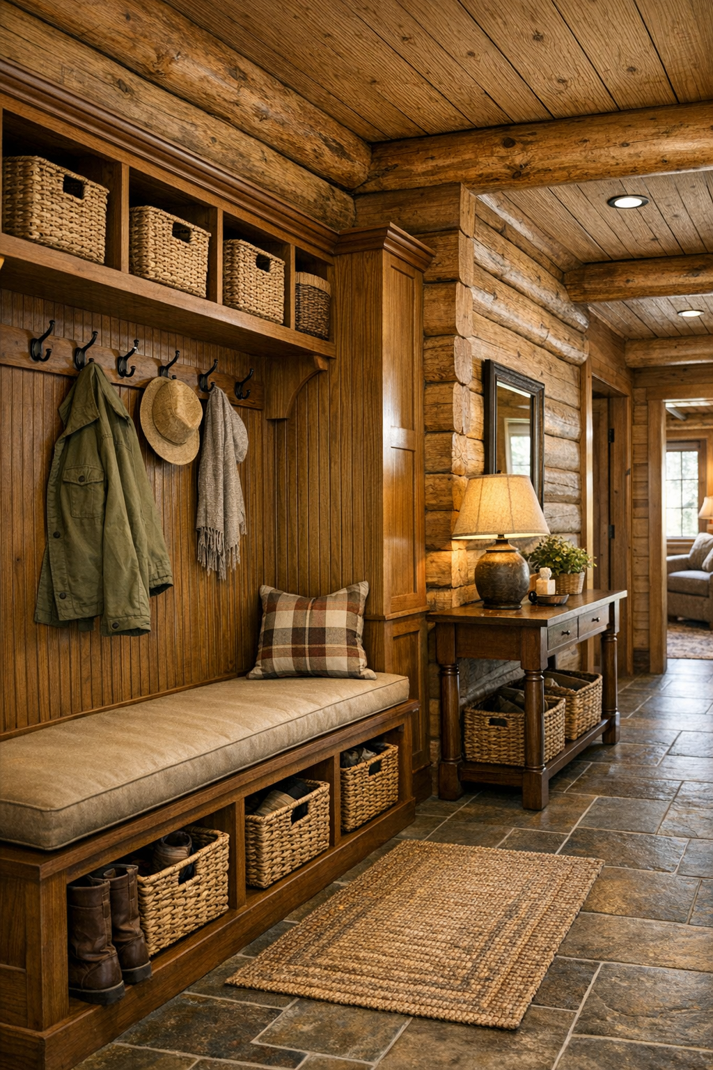 Thoughtful mudroom and hallway with built-in bench and rustic storage