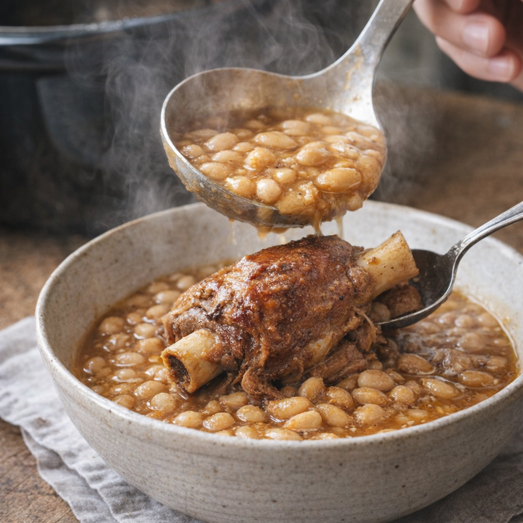 Tender pork shank and navy beans being spooned into a bowl