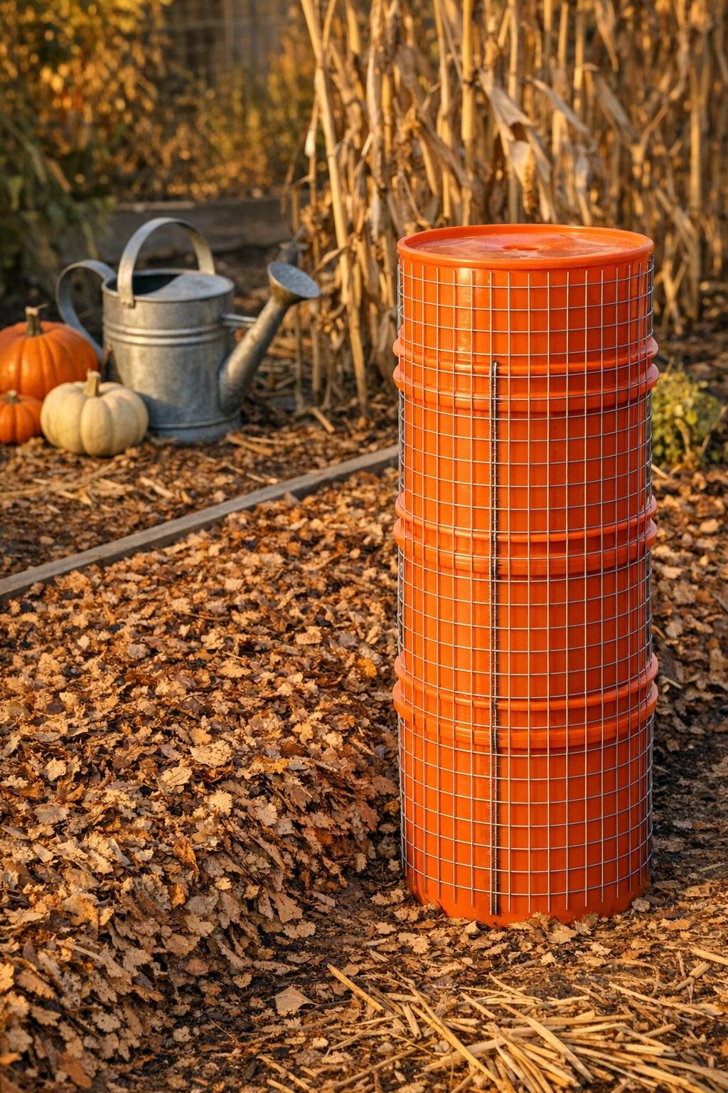 Finished fall garden bed mulched with a homemade bucket leaf compressor