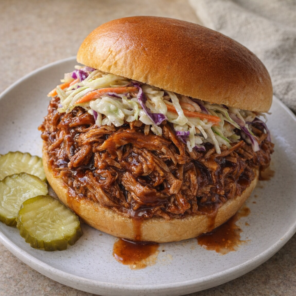 Slow cooker pulled pork on a bun with coleslaw