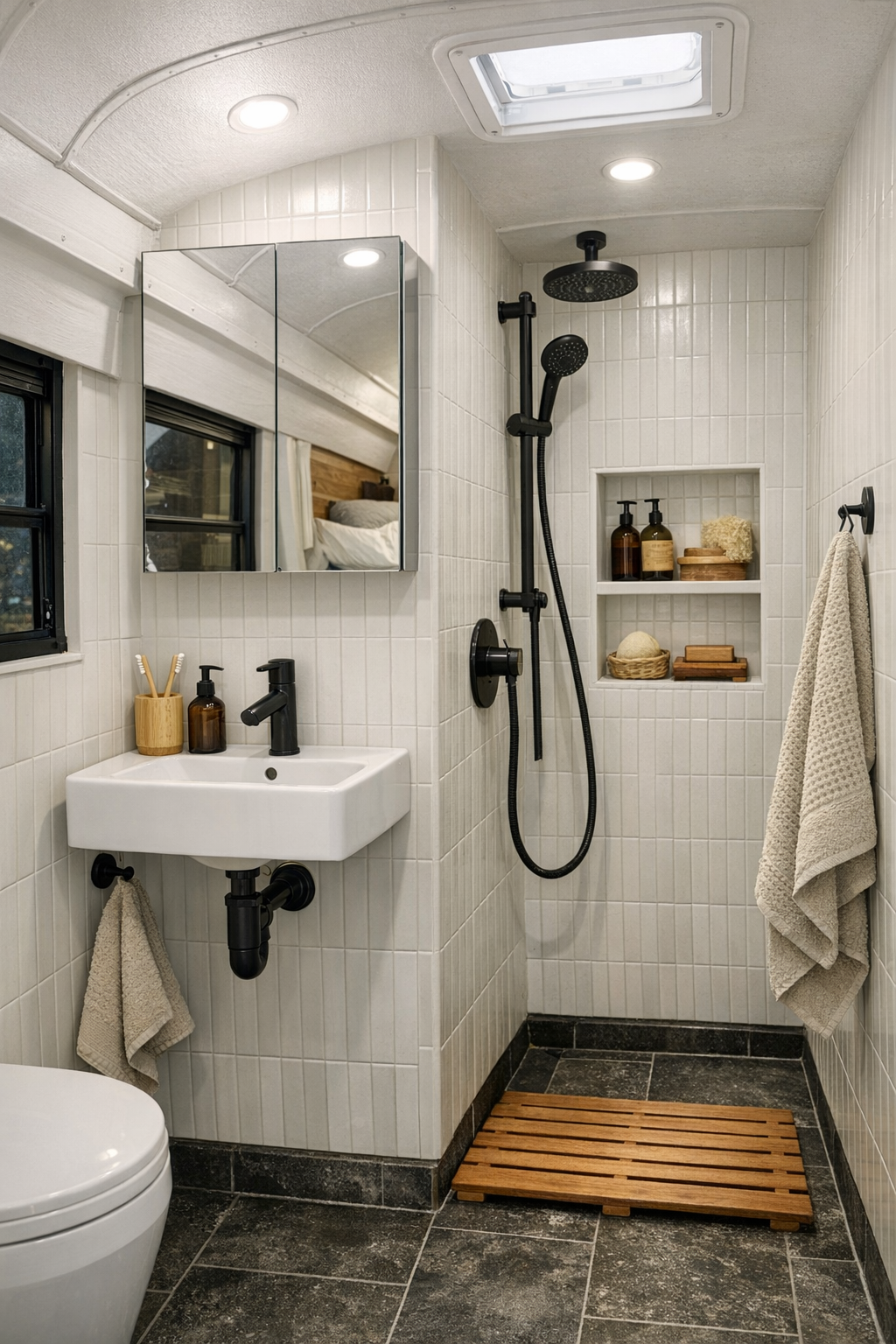Small bus bathroom with wet-room shower, white tile, and dark floor