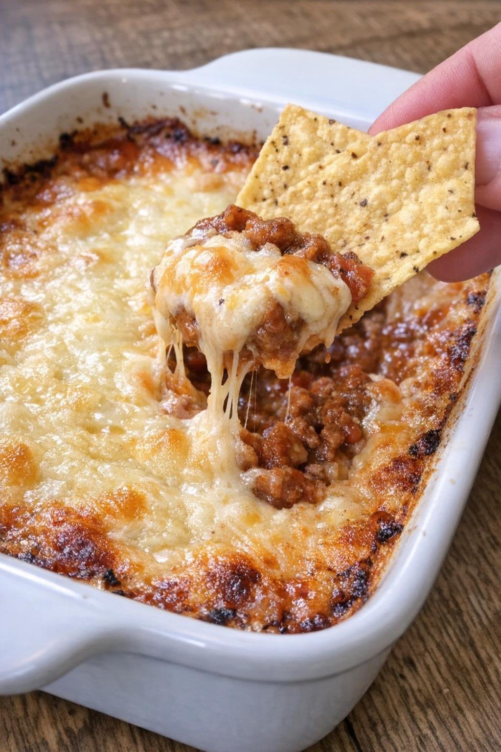 4-ingredient chili stratton dip in a white casserole dish
