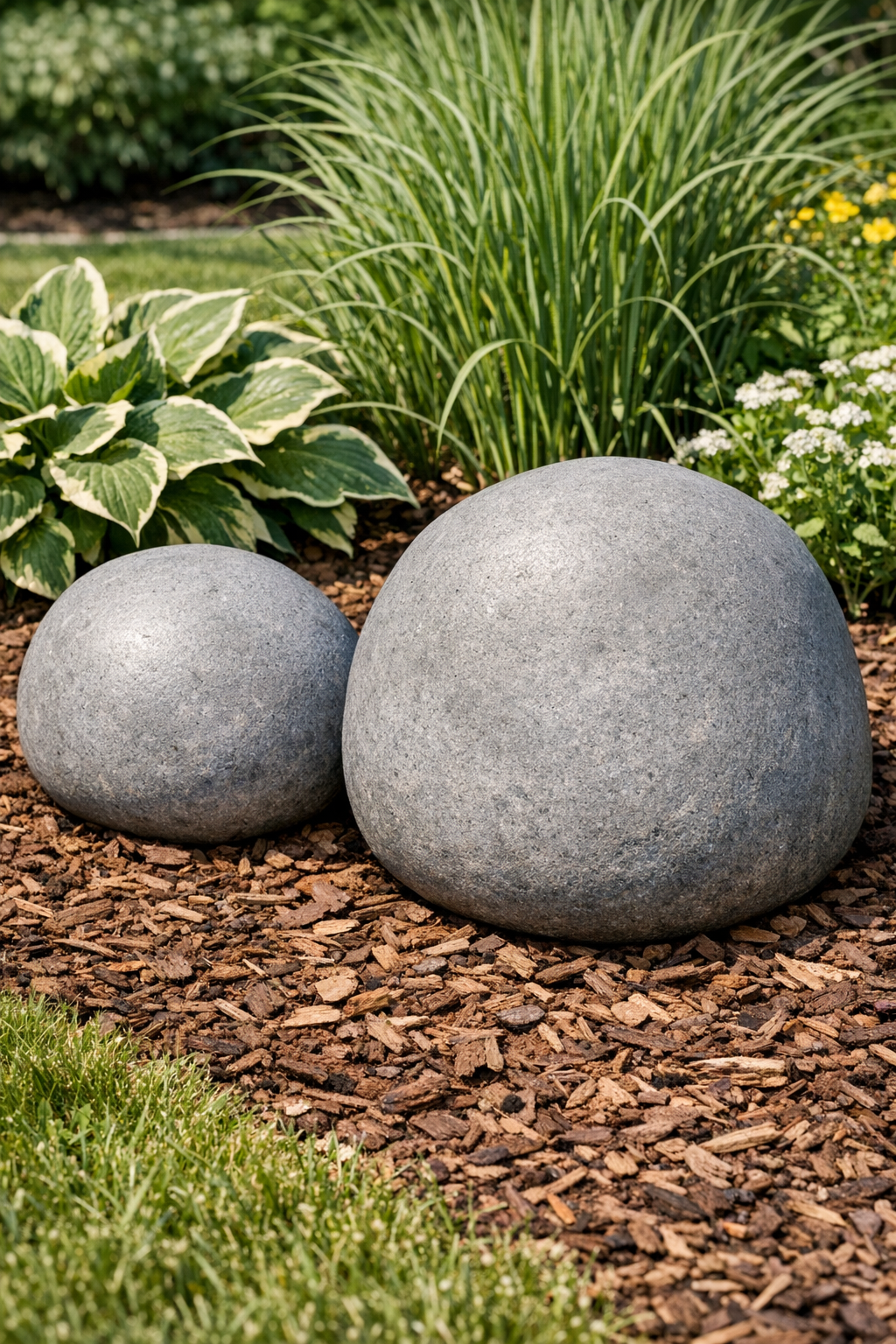 Two finished smooth cement yard boulders in a garden bed