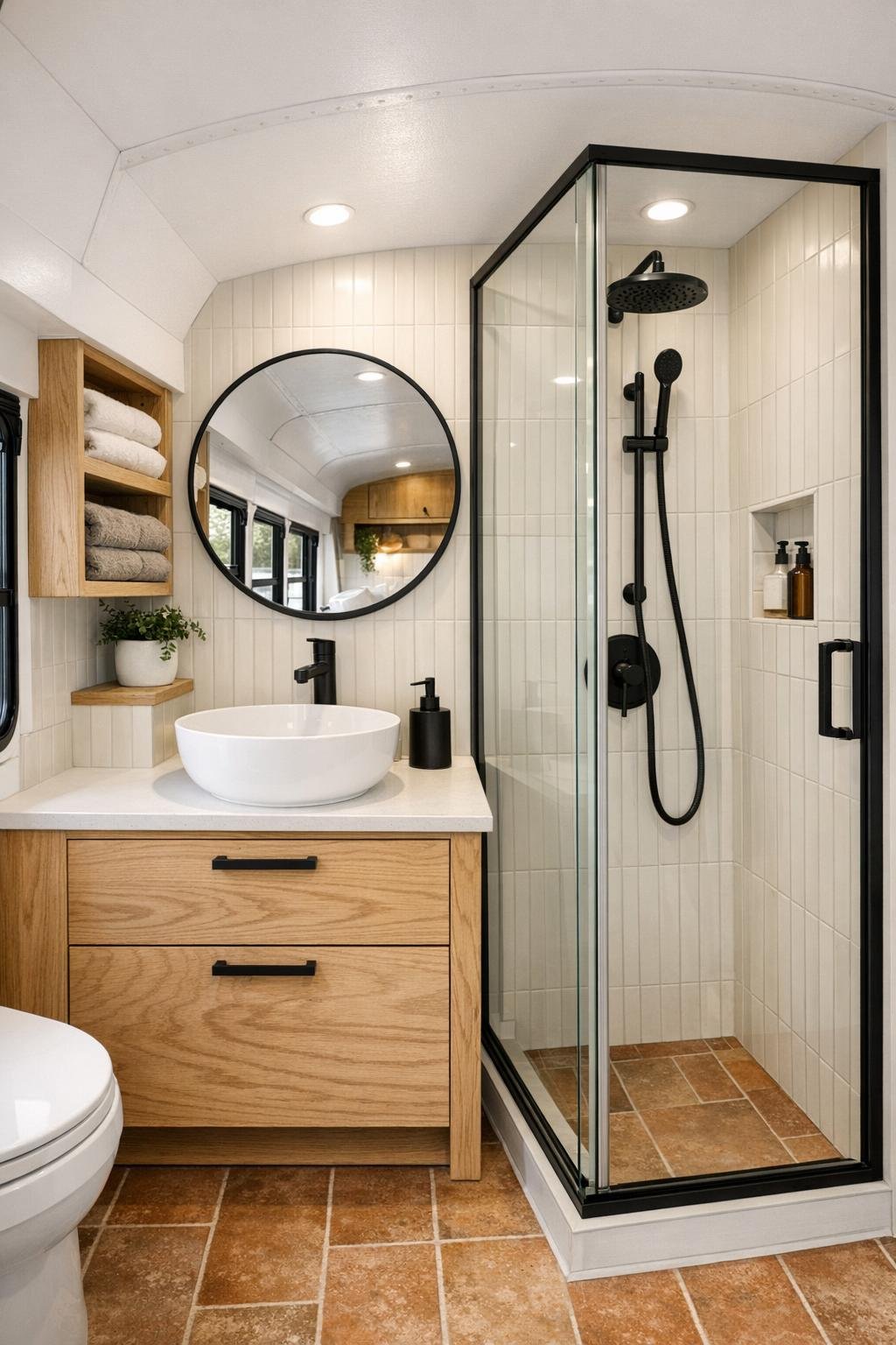 Bright compact bathroom in a converted bus with oak vanity and glass shower