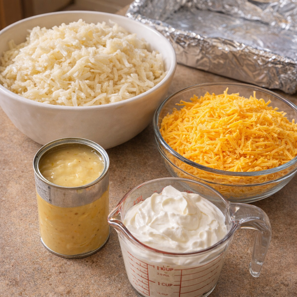 Hashbrowns, sour cream, soup, and cheddar measured out in a home kitchen