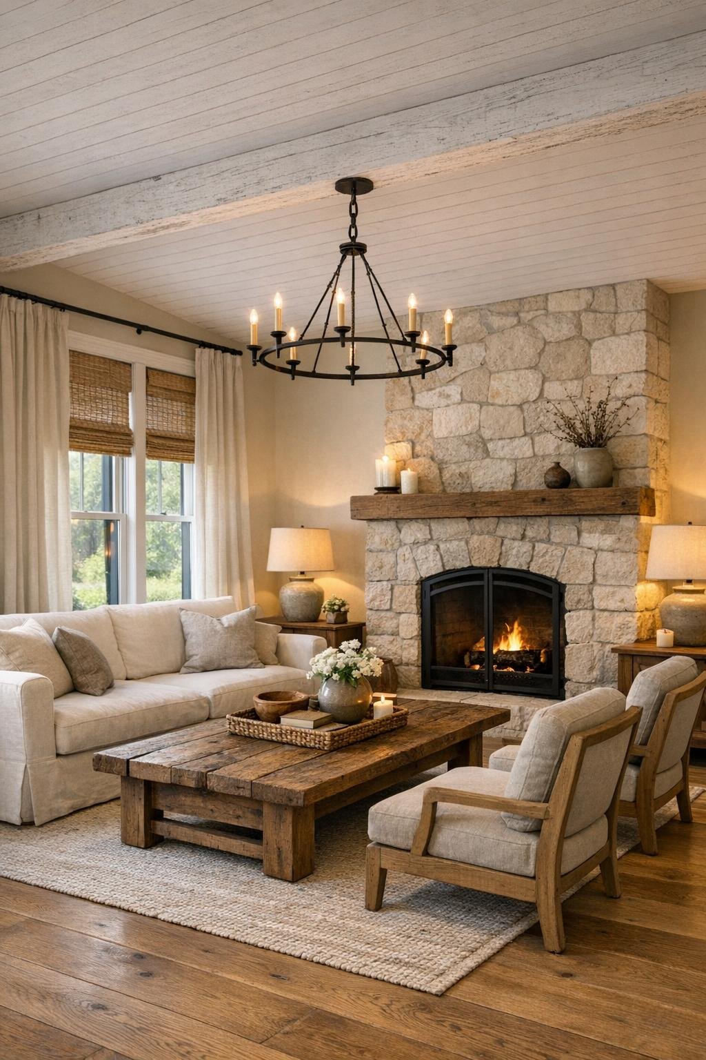 Warm modern farmhouse living room with oak floors, slipcovered seating, and a stone fireplace
