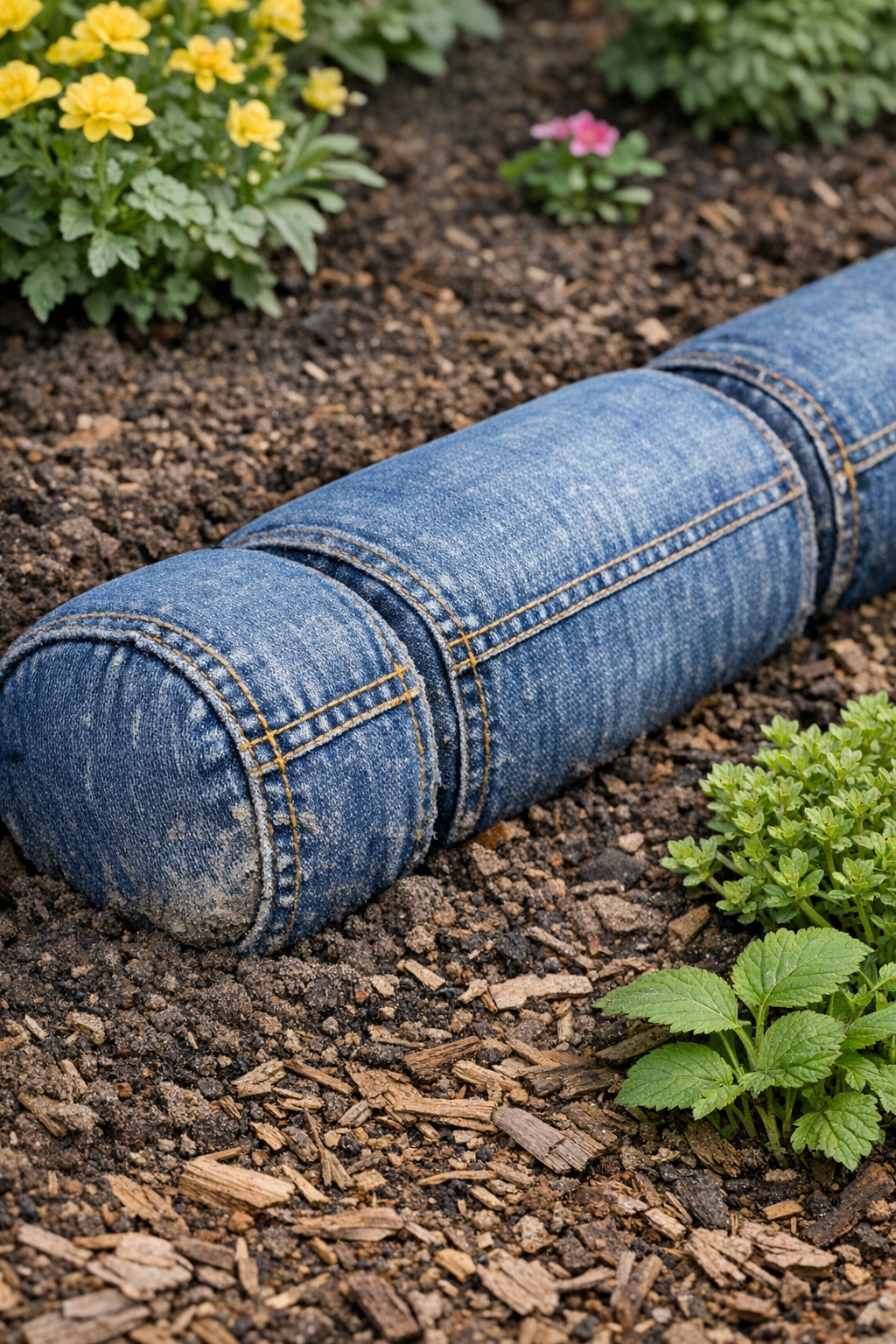 Finished denim and cement log-style garden borders in place