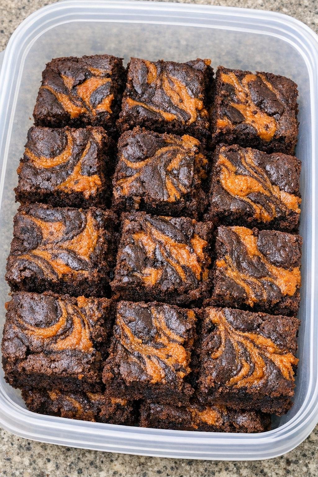 3-ingredient pumpkin brownies in a plastic container