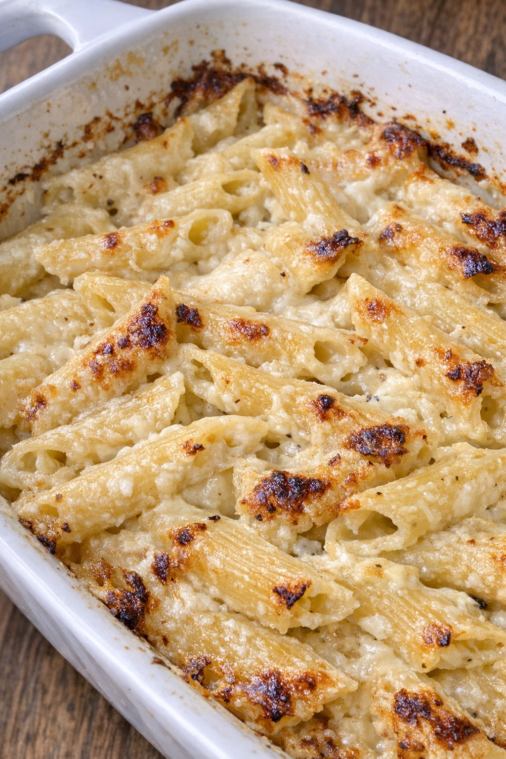 Creamy baked goat cheese penne in a white casserole dish
