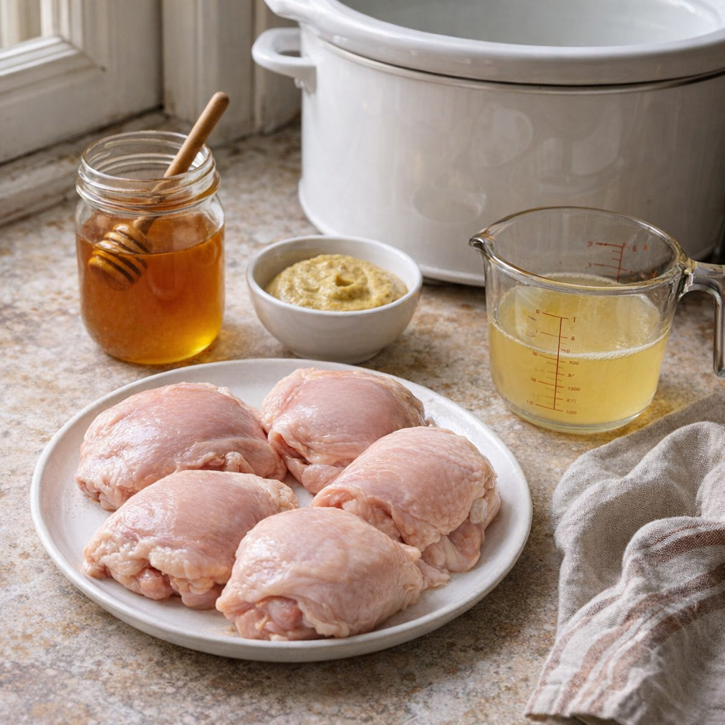 Slow cooker honey mustard chicken ingredients on a farmhouse counter