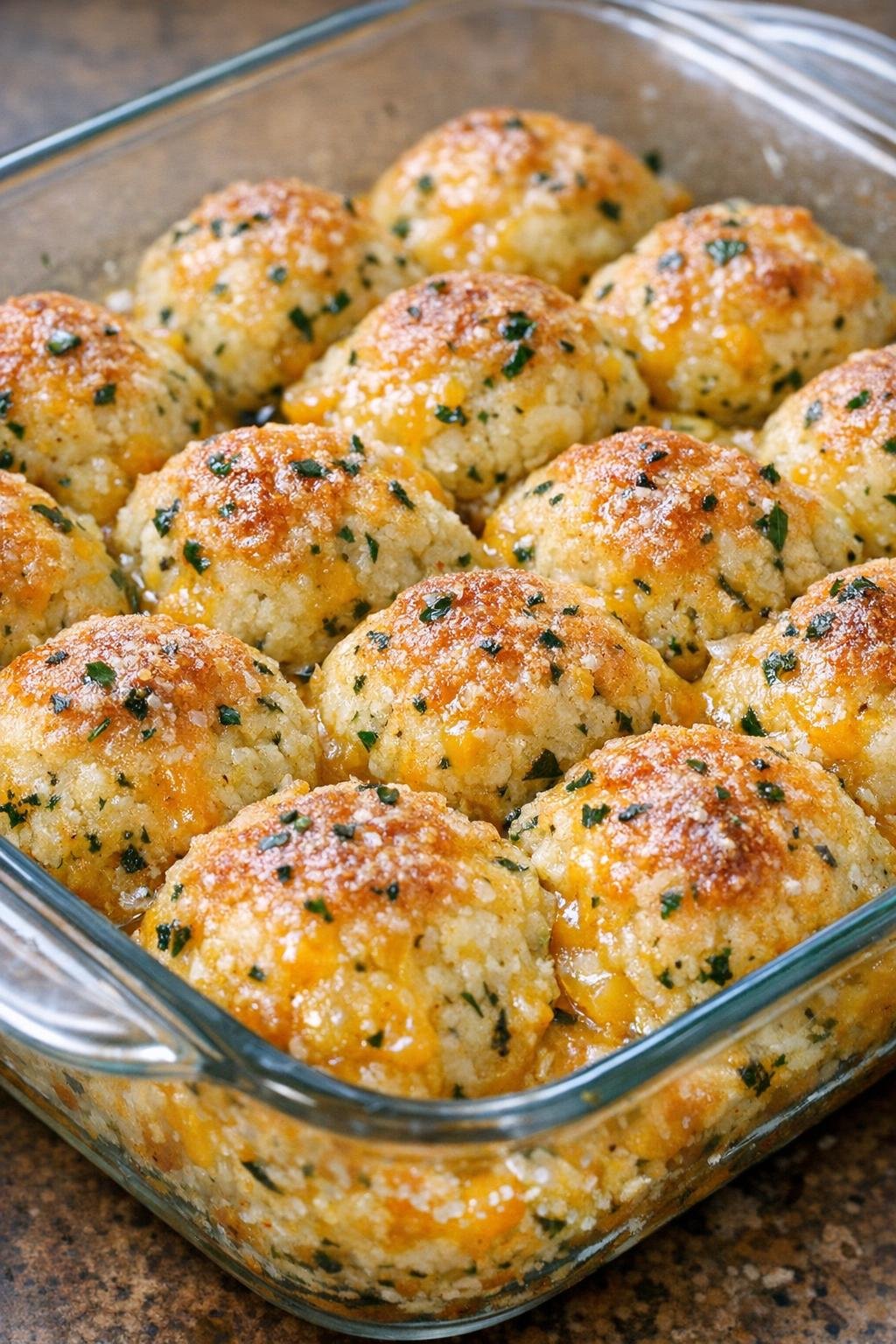 Southern herb cheddar bites baked until golden in a glass casserole dish