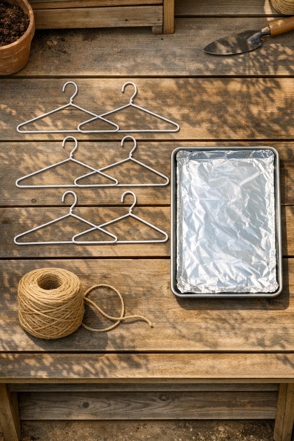 Wire coat hangers, foil-lined baking sheet, and garden twine laid out for the project