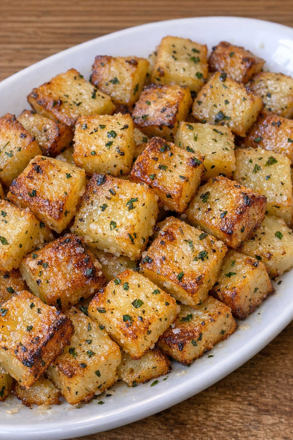 Golden brown crispy potato squares on a white oval platter