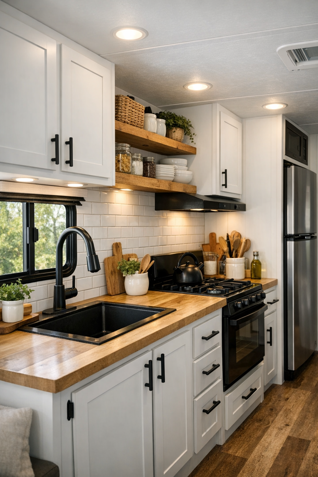 Compact modern farmhouse RV kitchen with shaker cabinets, wood counters, and black hardware