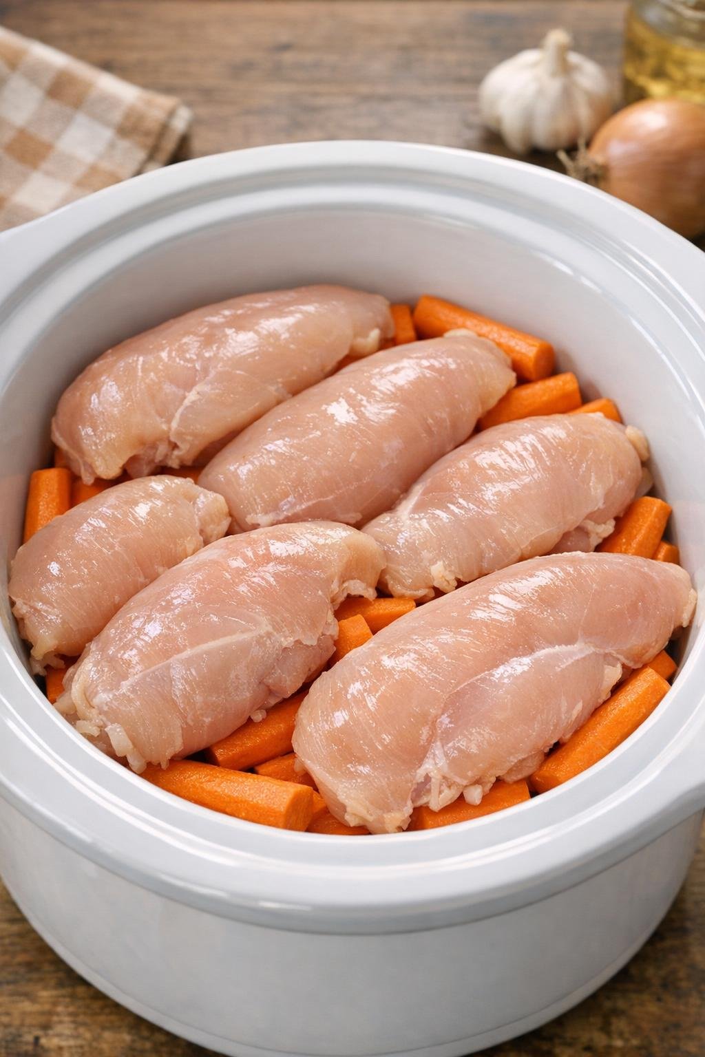 Raw chicken breasts placed over carrots in the slow cooker