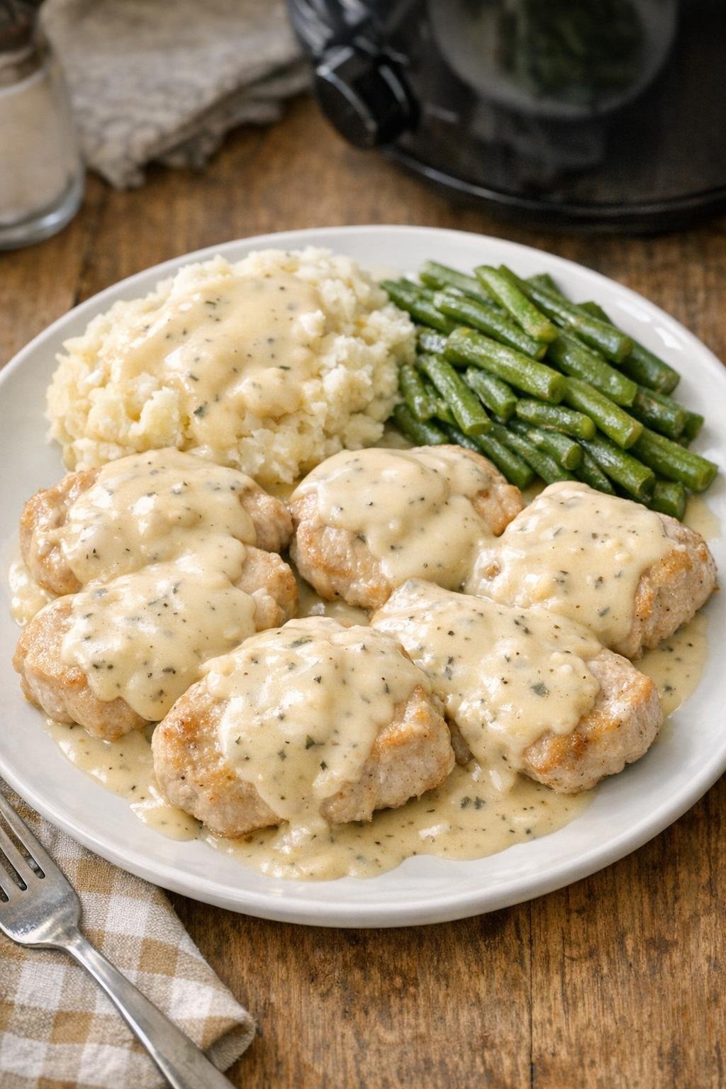 Finished ranch pork chops plated with creamy gravy