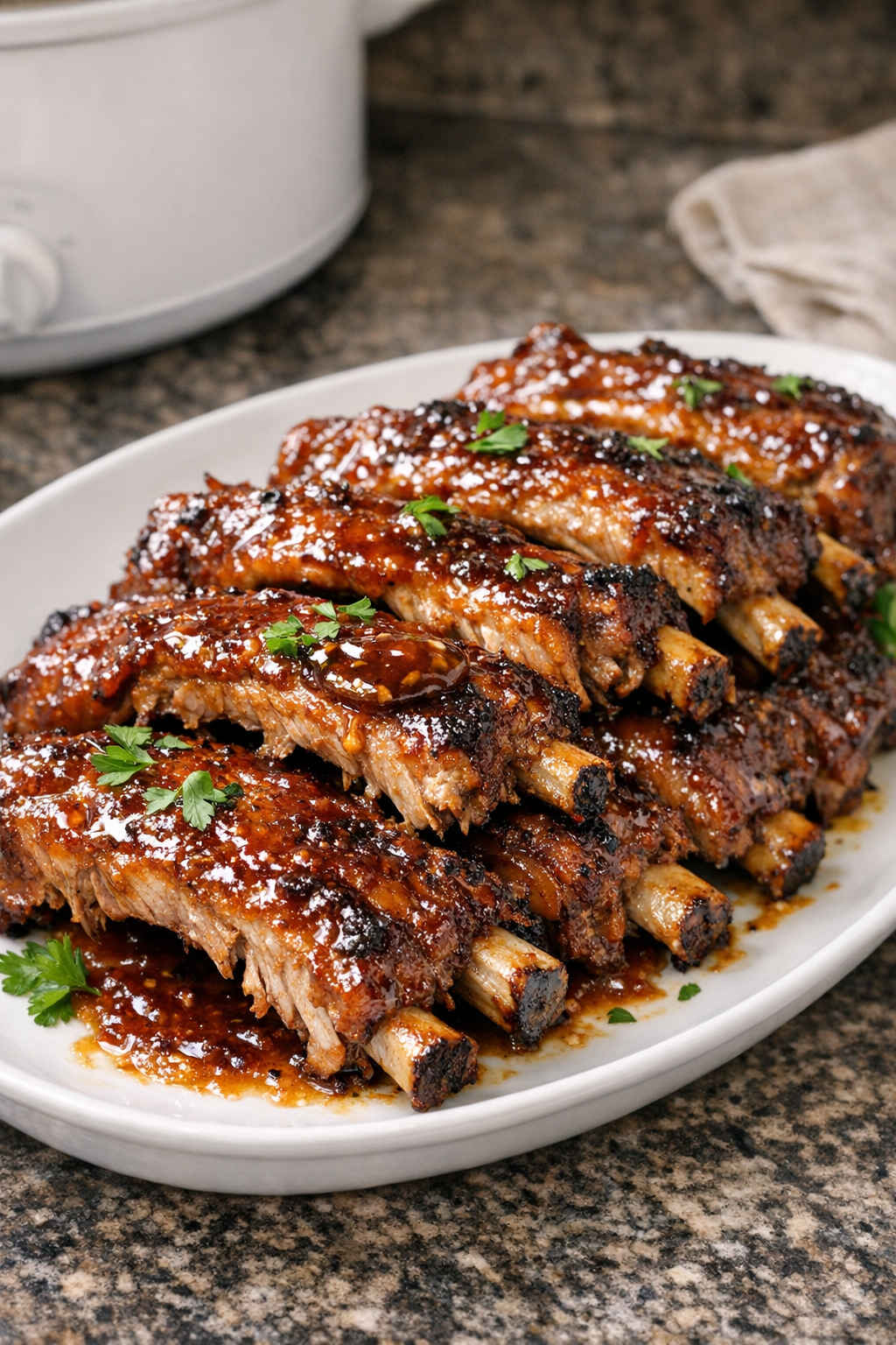 Finished honey mustard baby back ribs plated with sauce