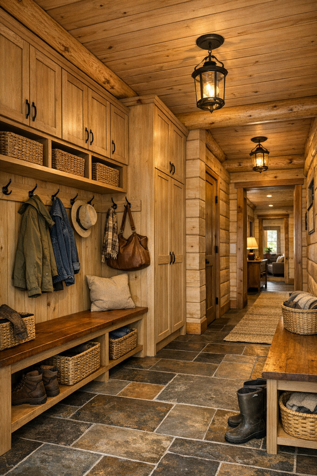 Functional mudroom and hallway area with built-in storage, pale wood tones, and warm lighting