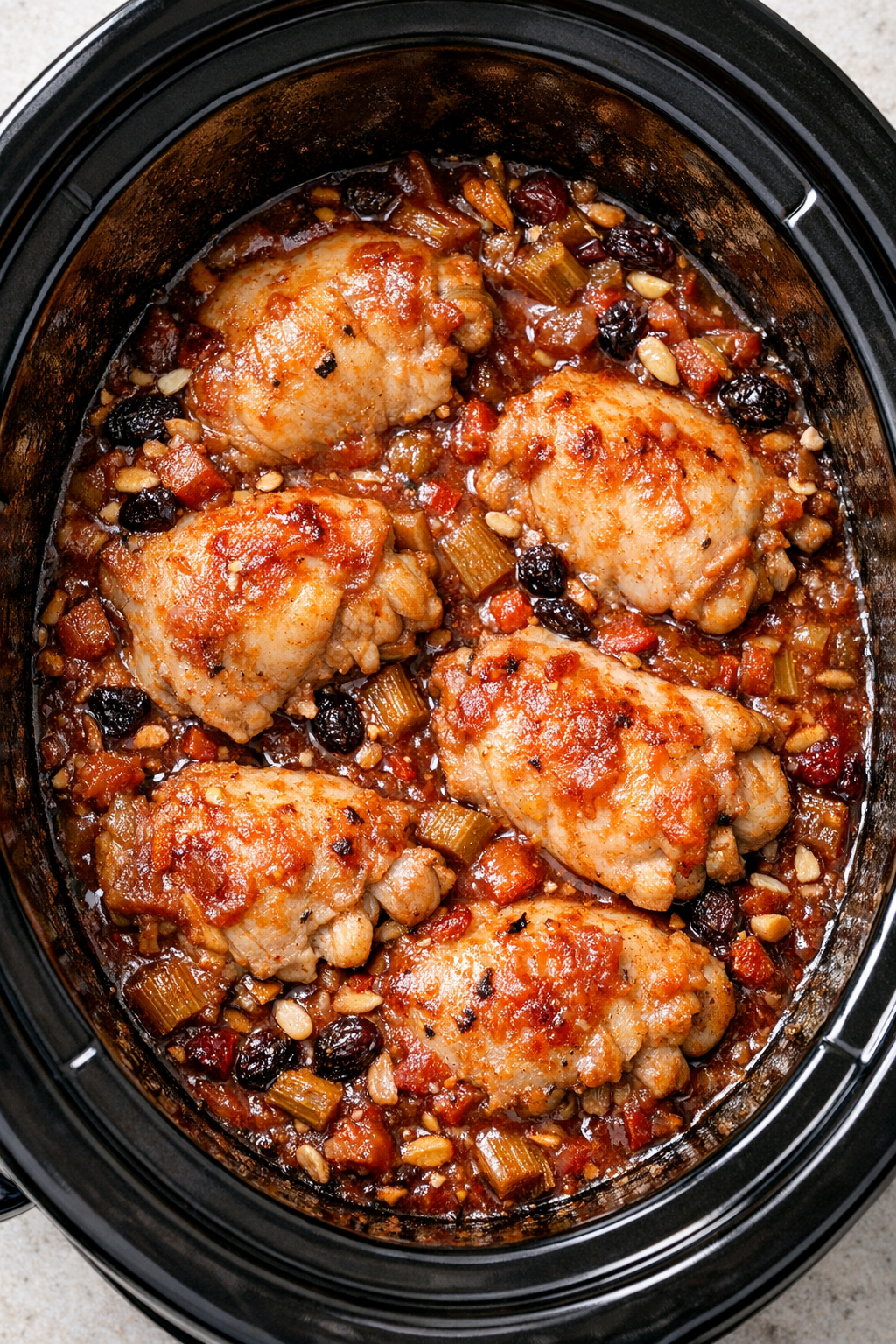 Cooked chicken and rhubarb sauce in the slow cooker