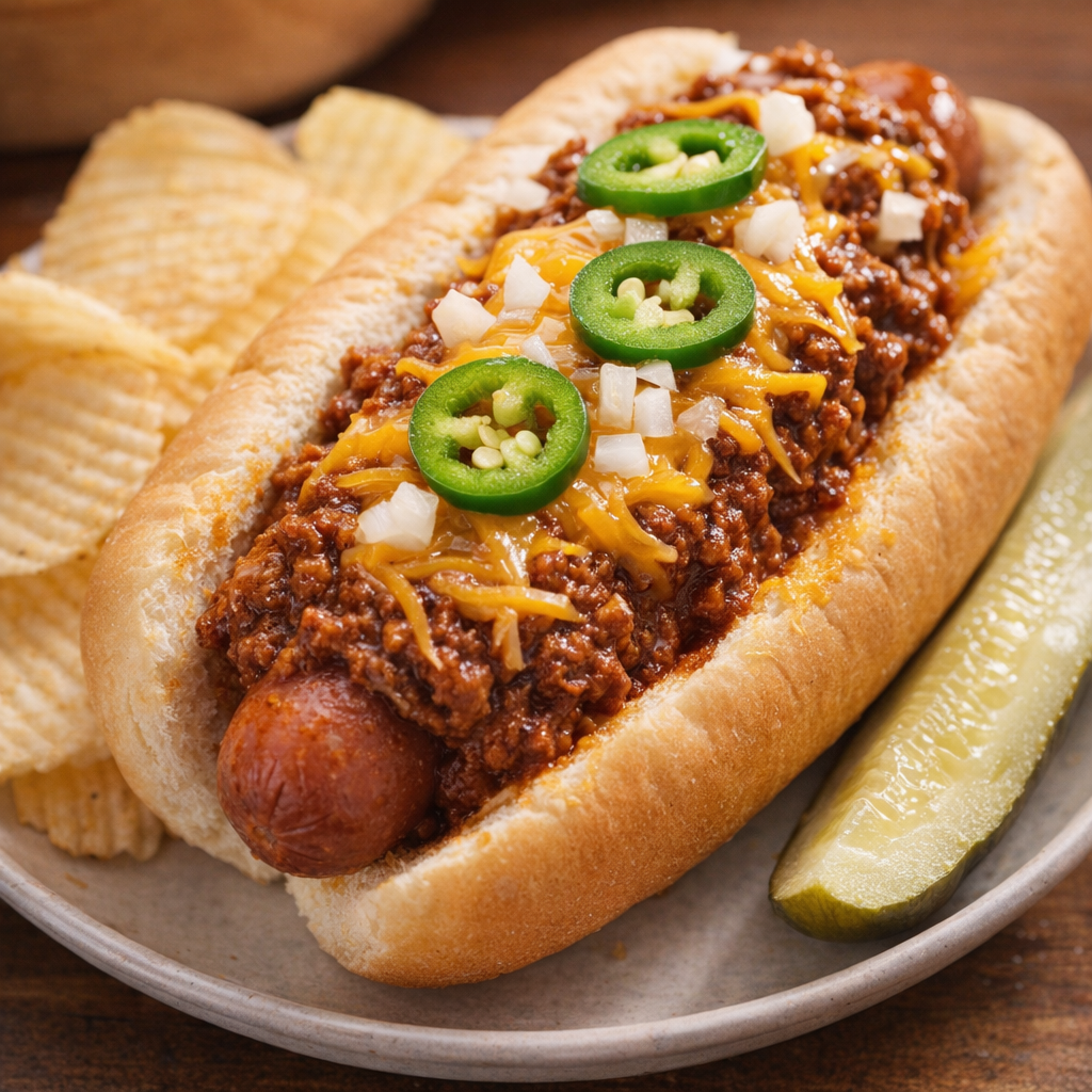 Finished chili cheese dog with jalapeños and onions on top