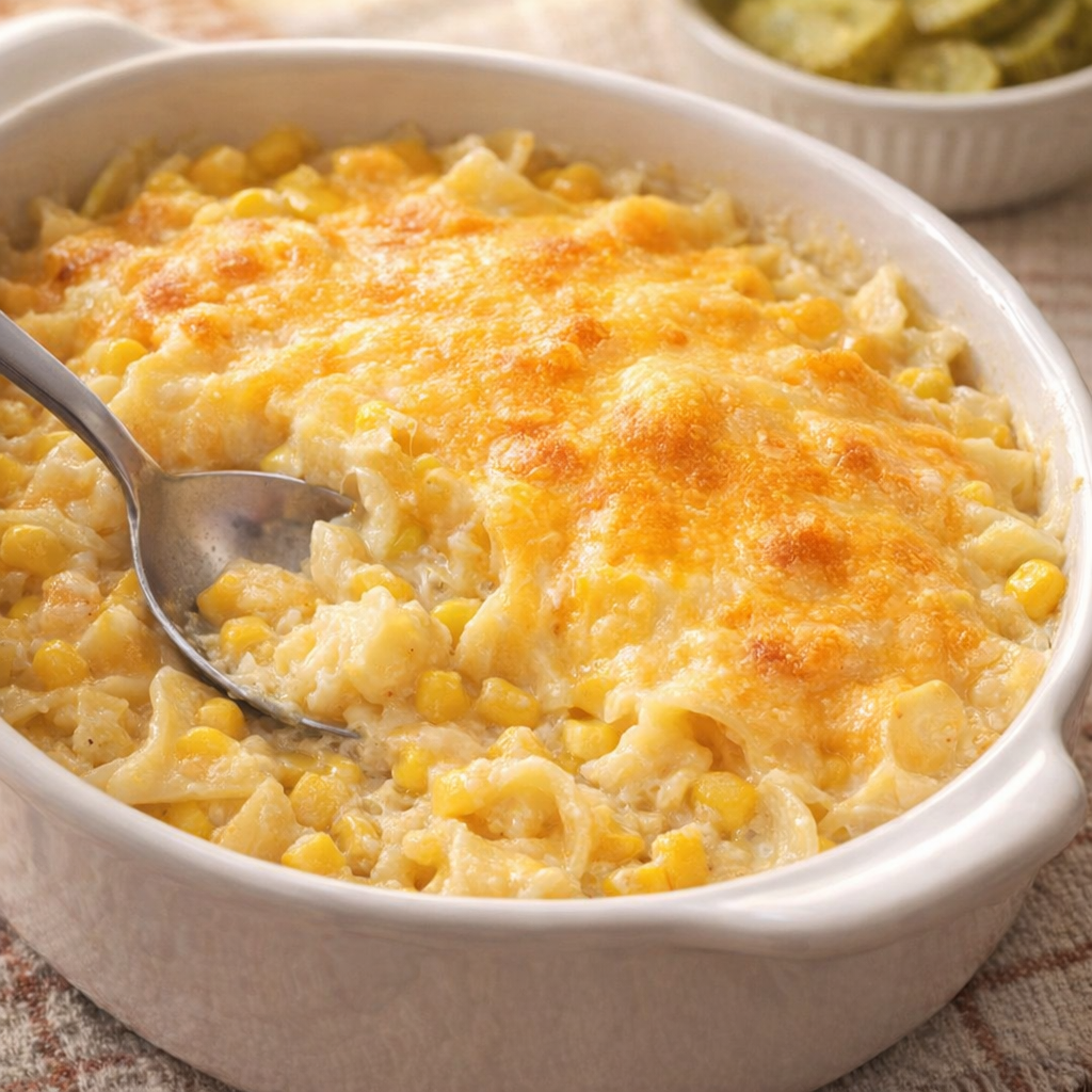 Cheesy variation of corn noodle bake in serving dish