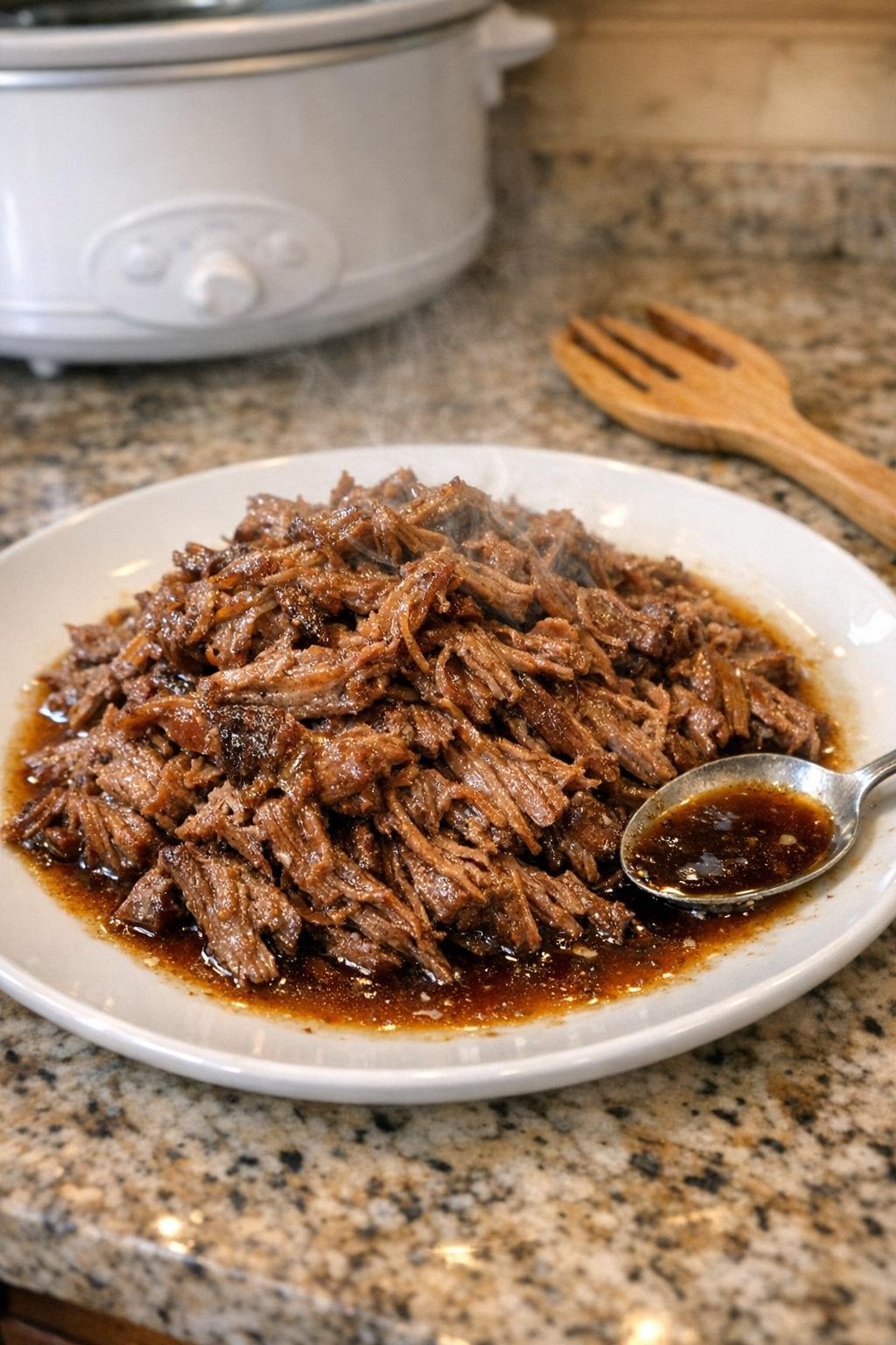 Finished shredded beef plated from the slow cooker