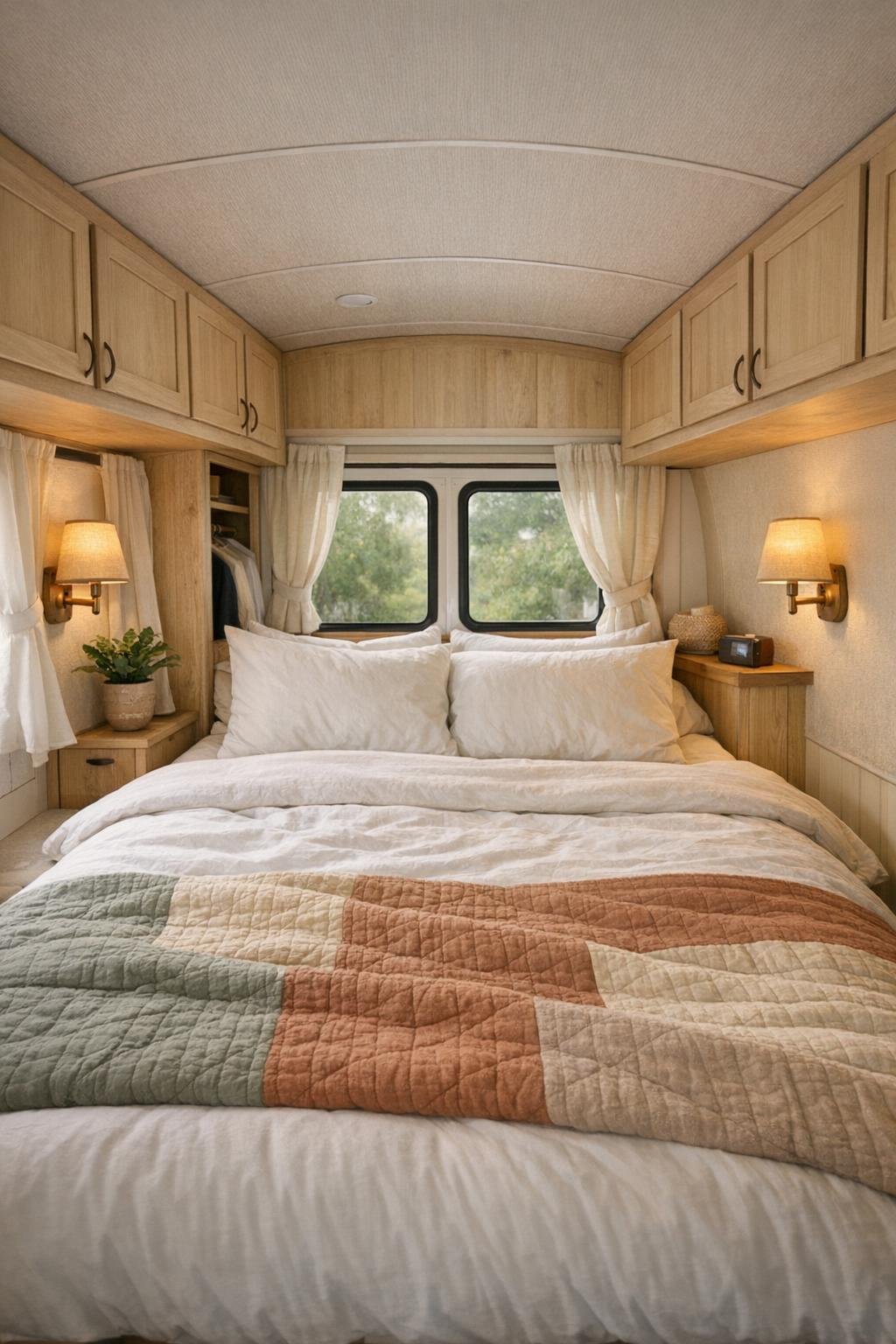 Cozy rear bedroom nook inside a shuttle bus conversion with built-in storage