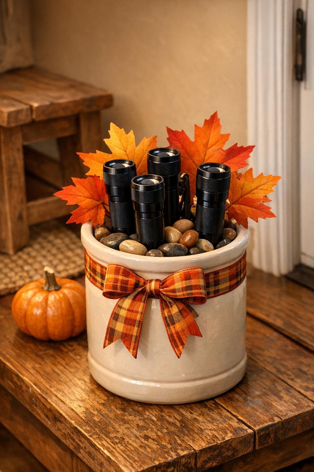 Finished autumn flashlight station in a cream ceramic crock by the back door