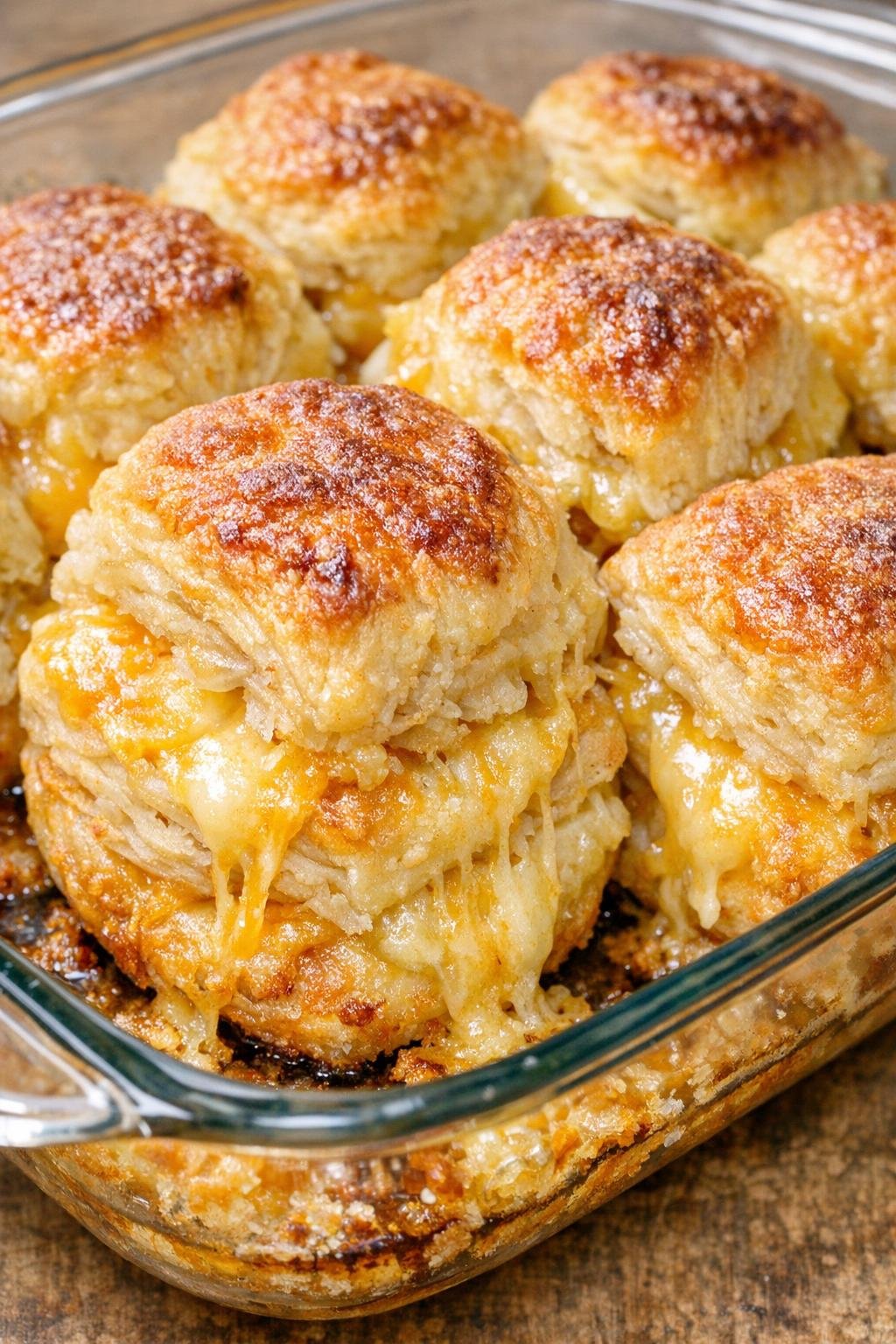 Southern 3-ingredient flaky cheese bites baked until golden in a glass casserole dish