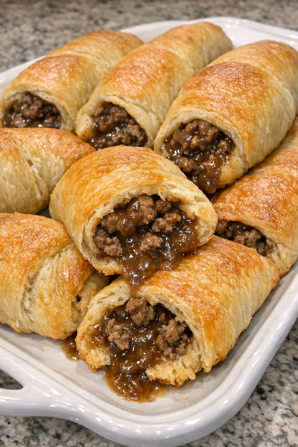 Oven baked beef crescent sticks on a white platter