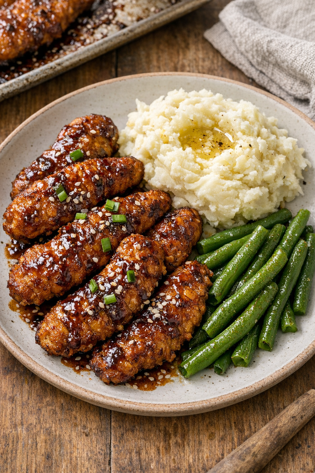 Finished glazed chicken strips on a sheet pan