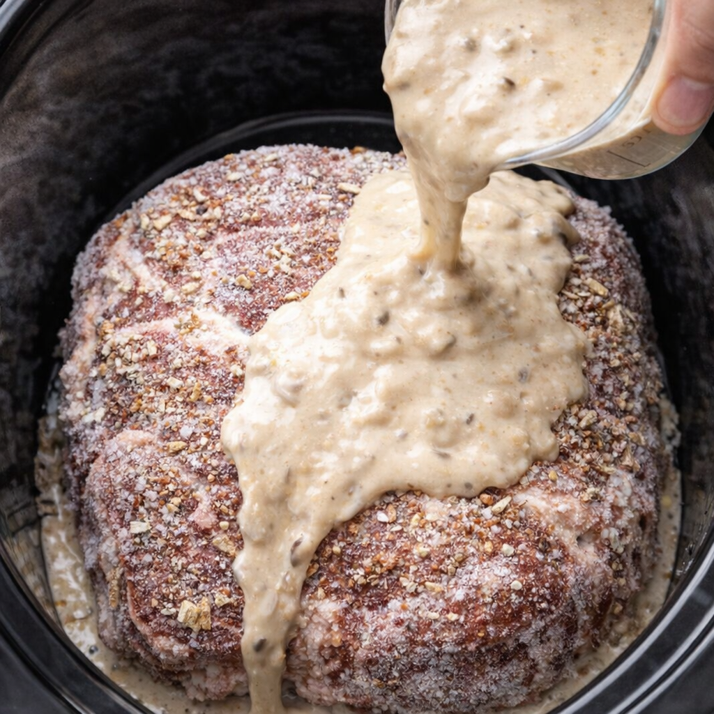 Soup mixture being poured over a frozen roast in a slow cooker