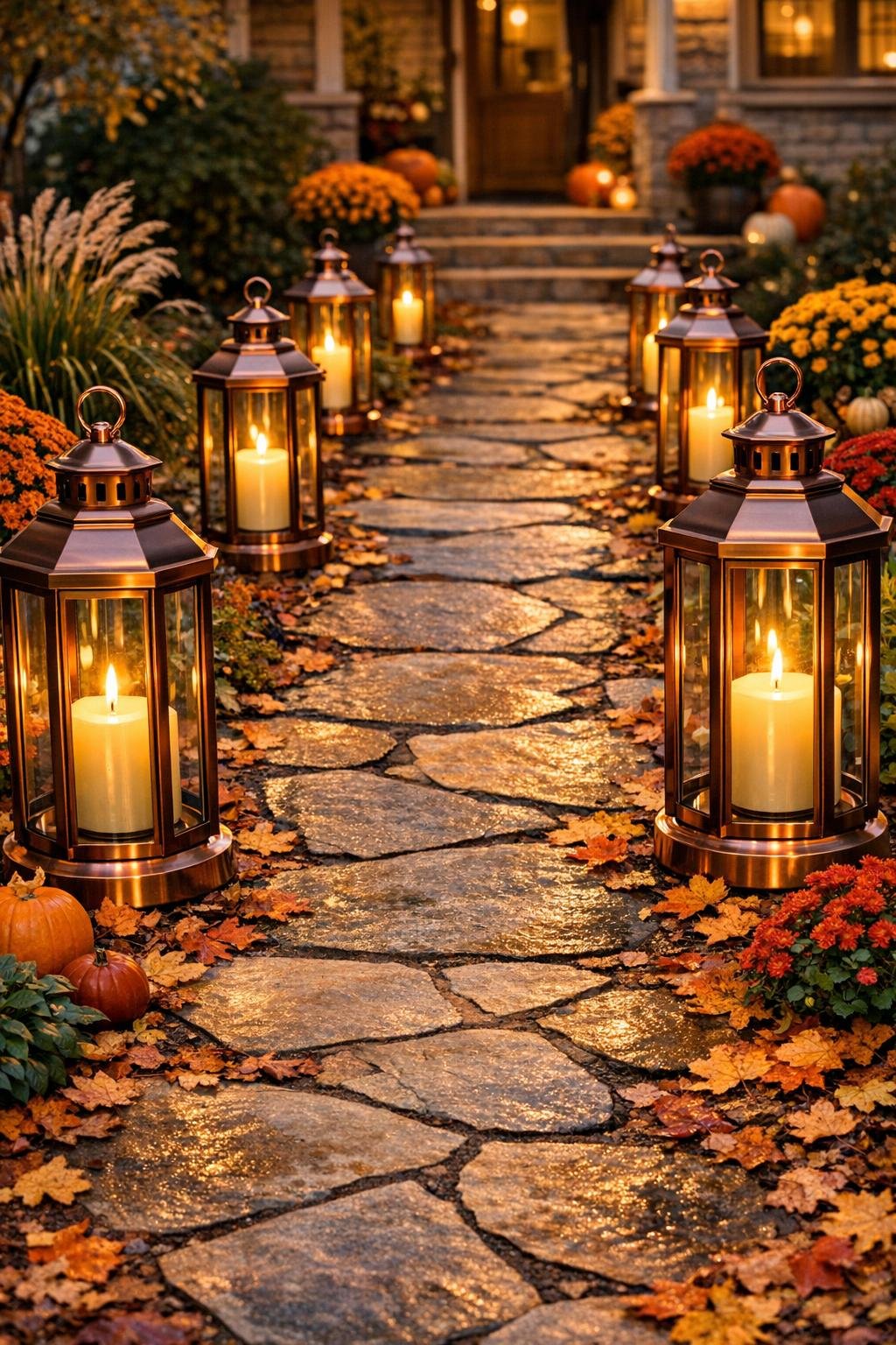 Finished fall lantern walkway with copper lanterns and cream candles along a flagstone path