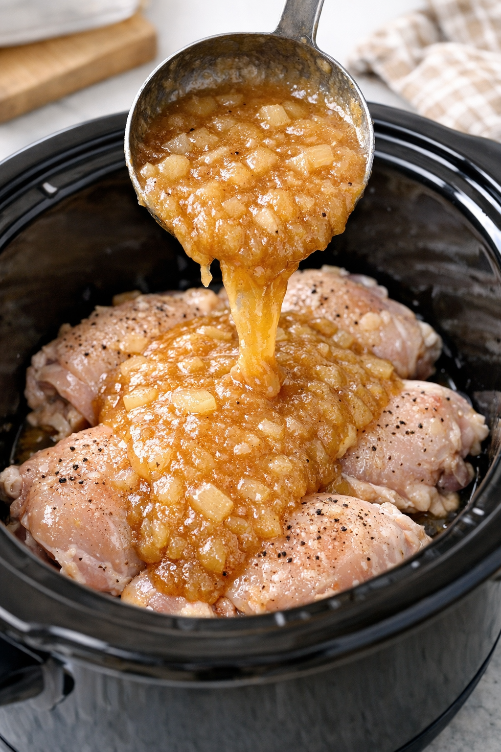 Applesauce mixture poured over chicken in the slow cooker