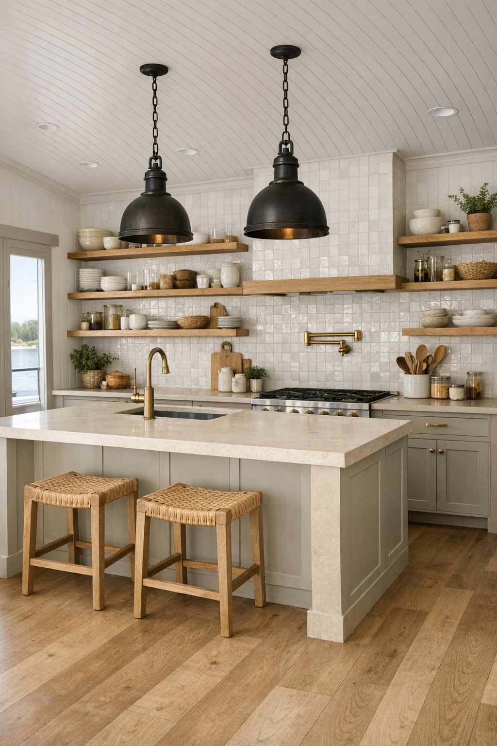 Accessible Spanish-style kitchen with putty cabinetry and stone island