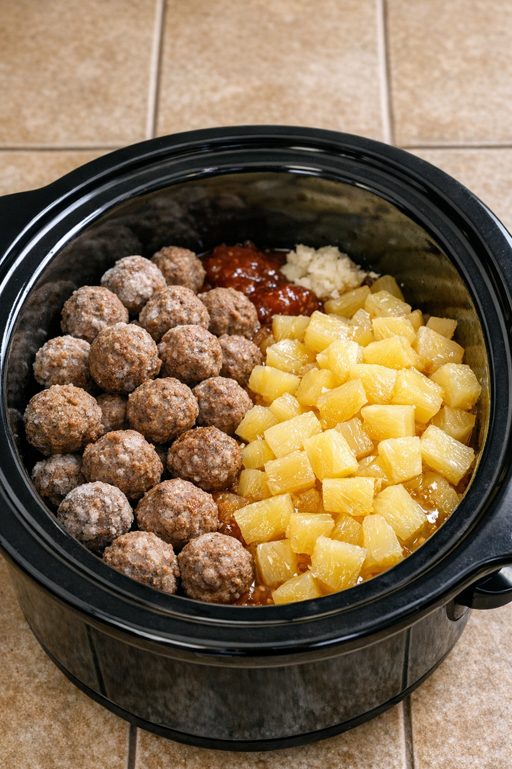 Meatballs and pineapple added to the slow cooker
