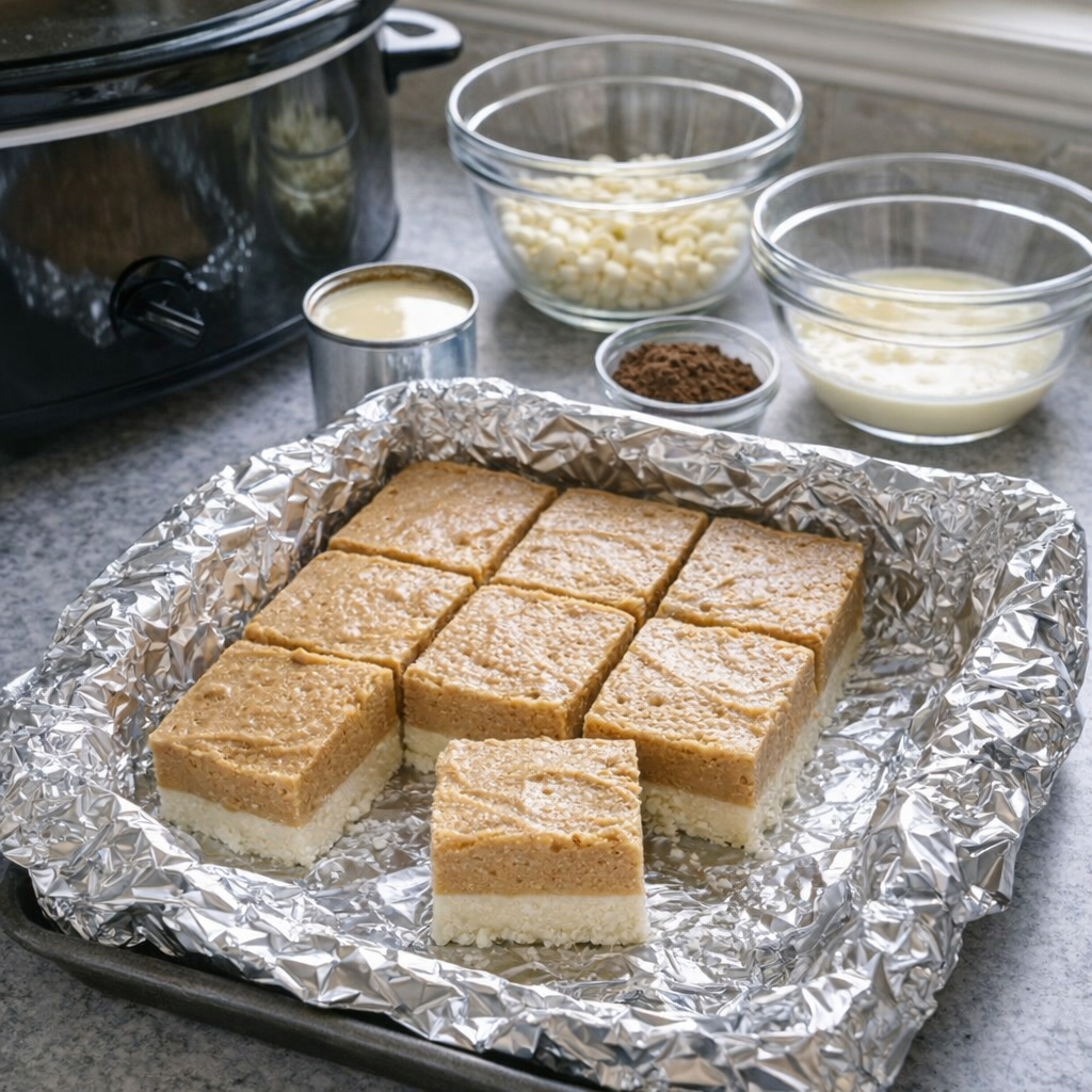 Foil-lined pan and ingredients beside a slow cooker