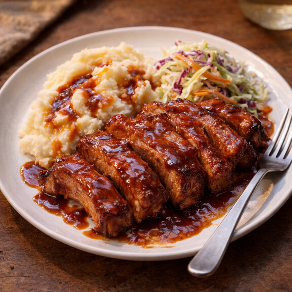 Ribs plated with mashed potatoes and slaw