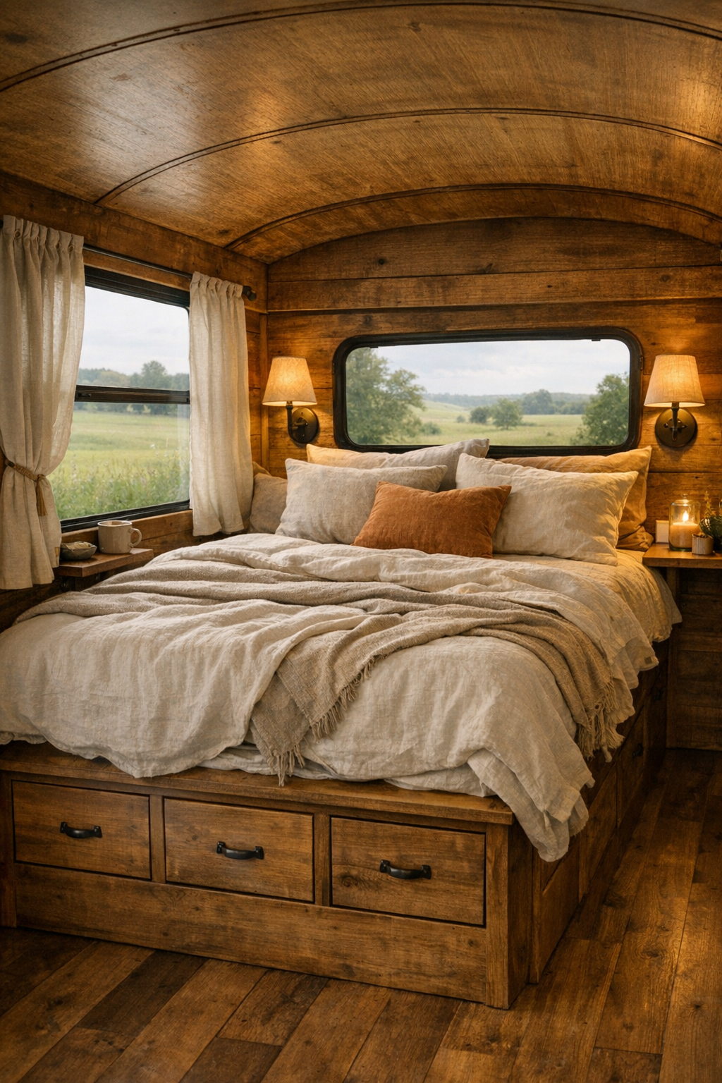 Peaceful bedroom in the converted bus with layered linen bedding and wood storage platform