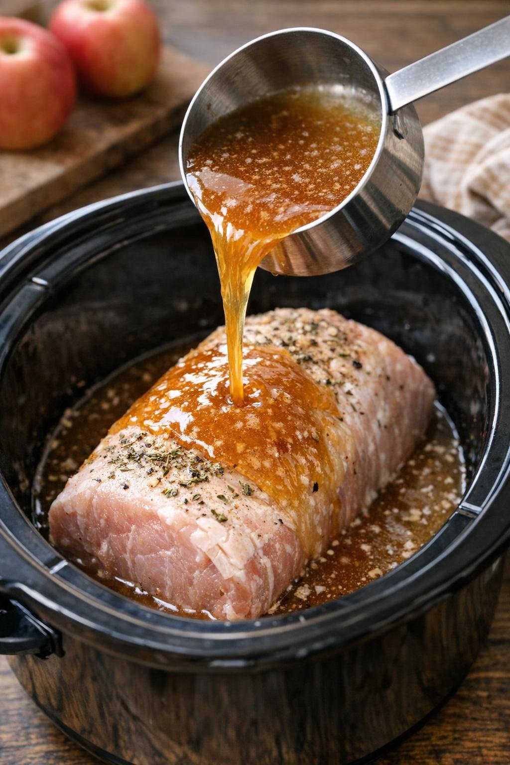 Ciderglazuur over varkensvlees gegoten in de slowcooker