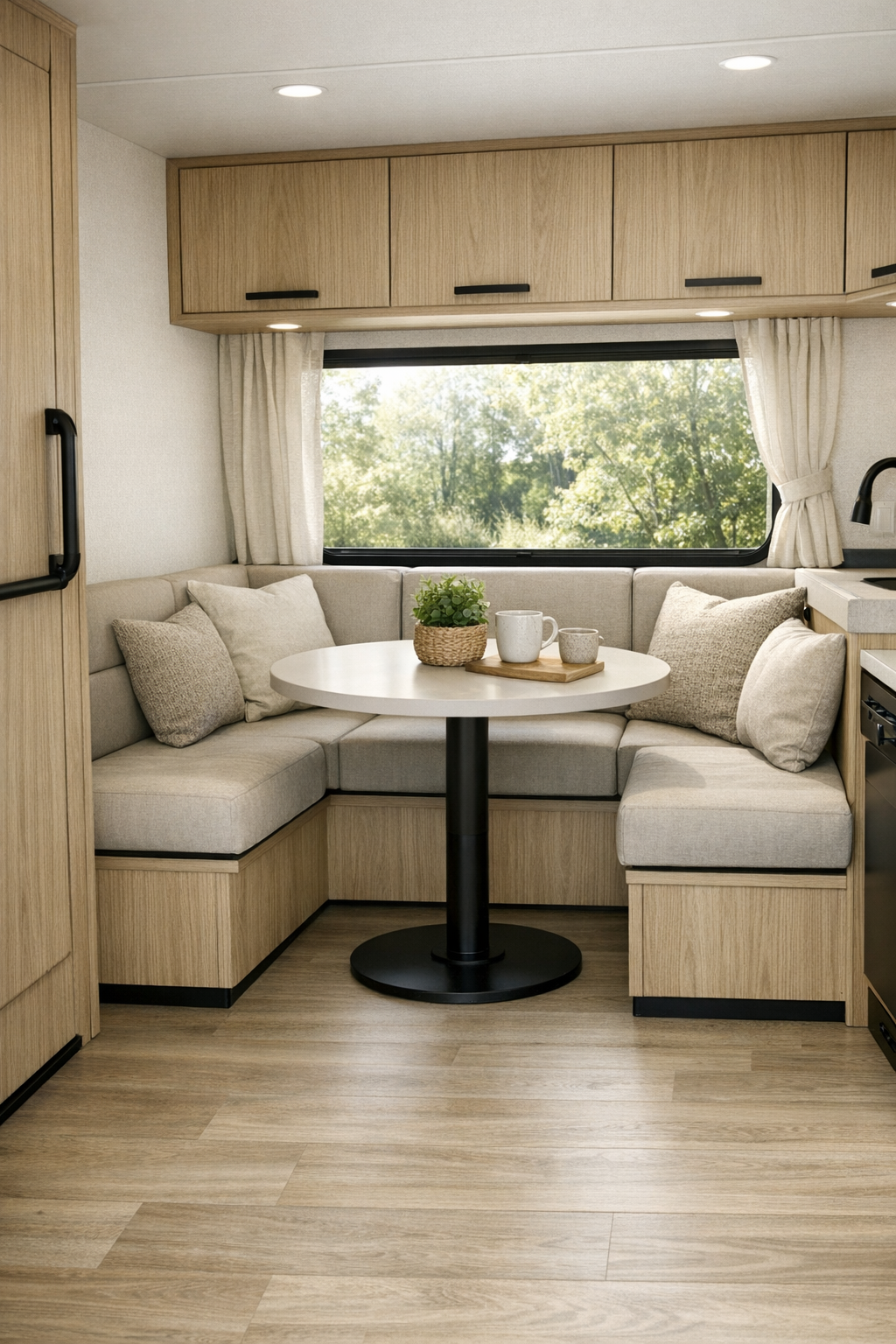 Compact RV dining area with a built-in banquette, pedestal table, and bright window
