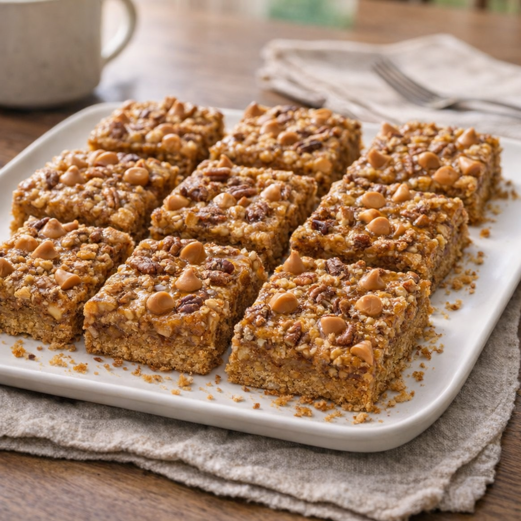 Cut butterscotch bars arranged on a simple platter for serving