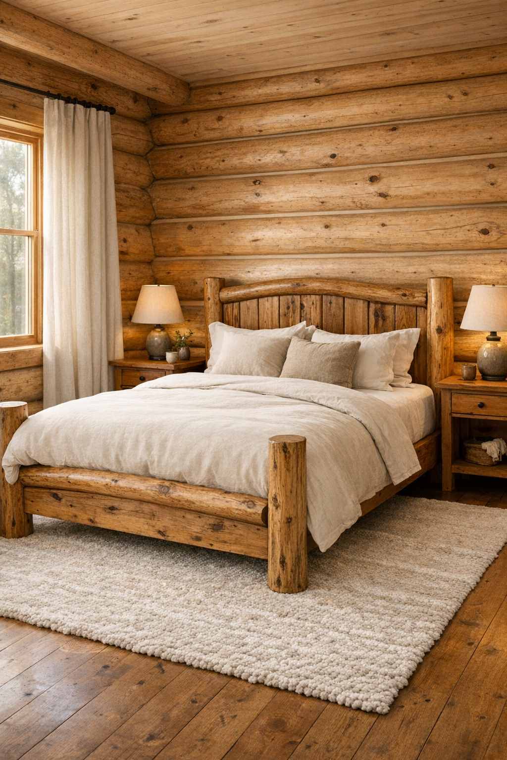 Peaceful log home bedroom with handcrafted wood bed and soft neutral textiles