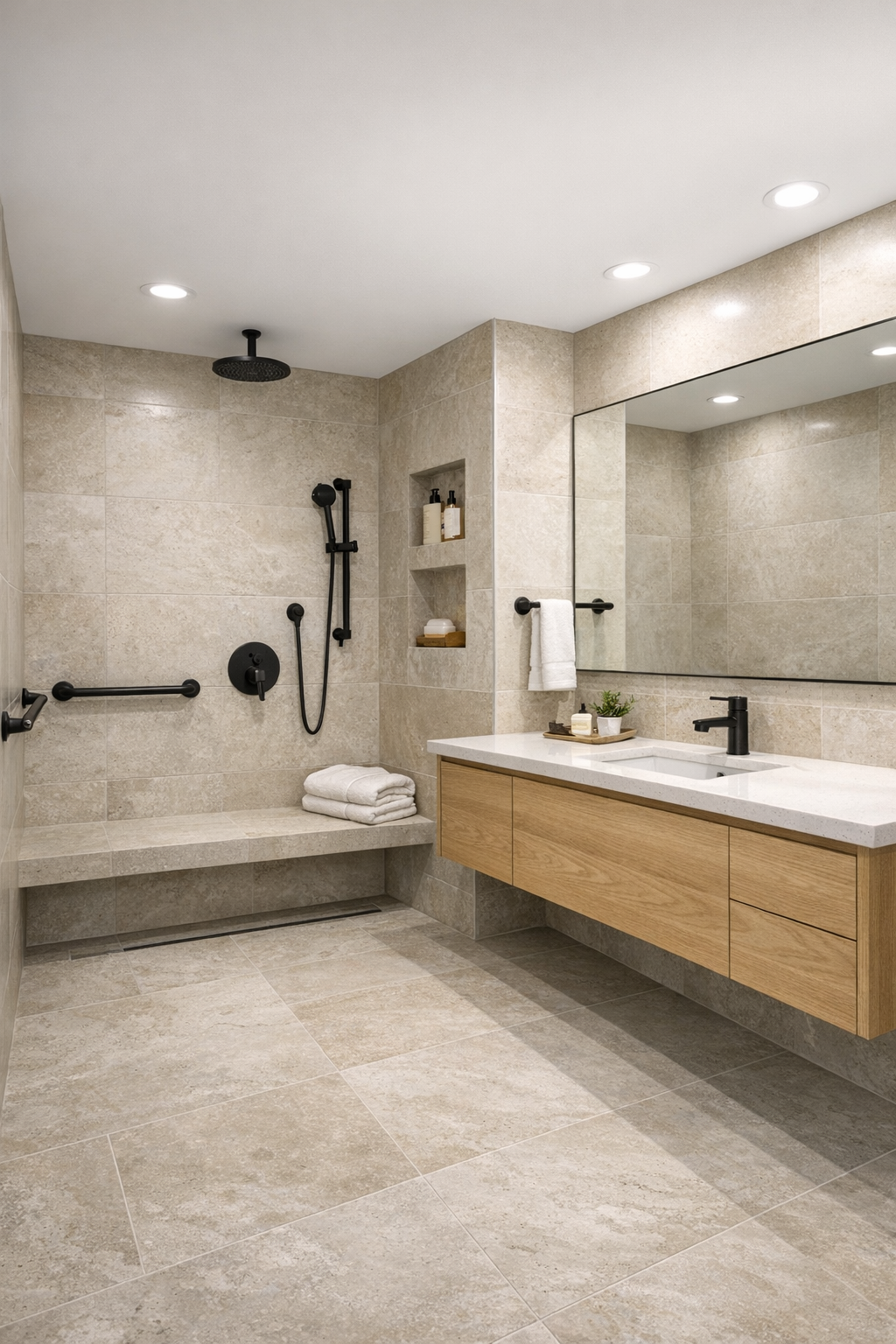 Serene accessible bathroom with curbless shower, pale oak vanity, and limestone tile