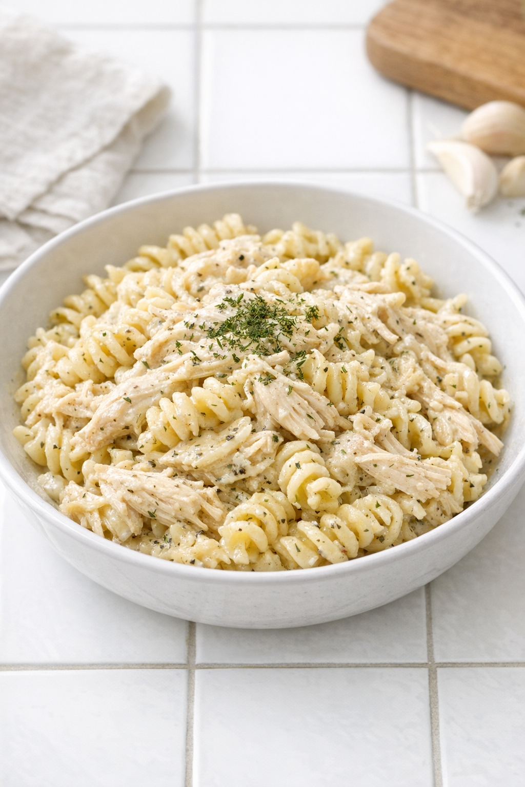 Finished Amish dill chicken pasta in a bowl