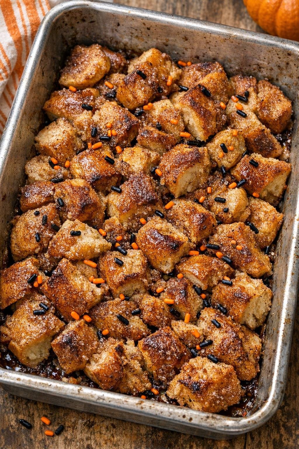 Baked cinnamon sugar bagel dessert in a roasting pan